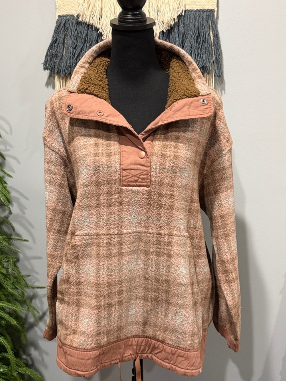 REI Pink Plaid Sherpa-Lined Pullover Medium